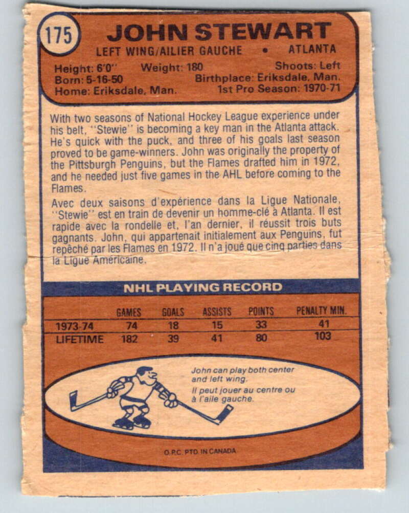 1974-75 O-Pee-Chee #175 John Stewart RC Rookie California Golden Seals V4634