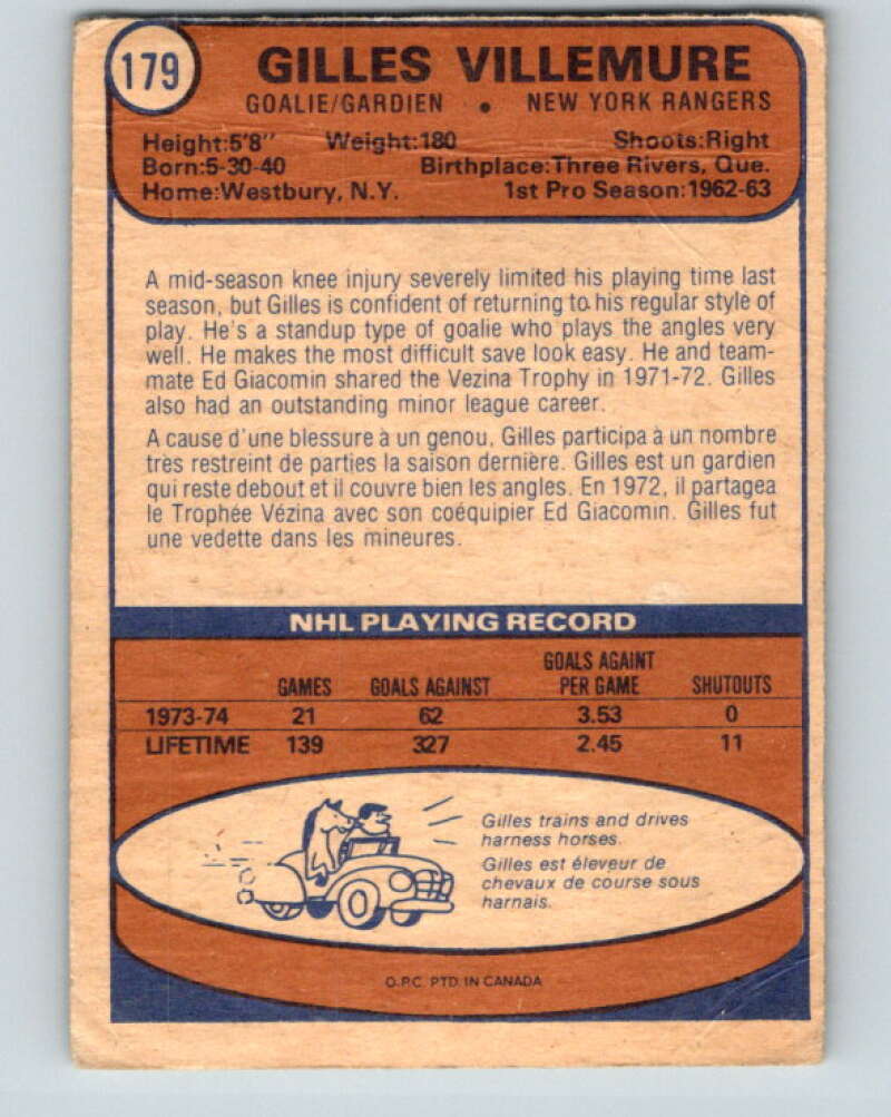 1974-75 O-Pee-Chee #179 Gilles Villemure New York Rangers V4644