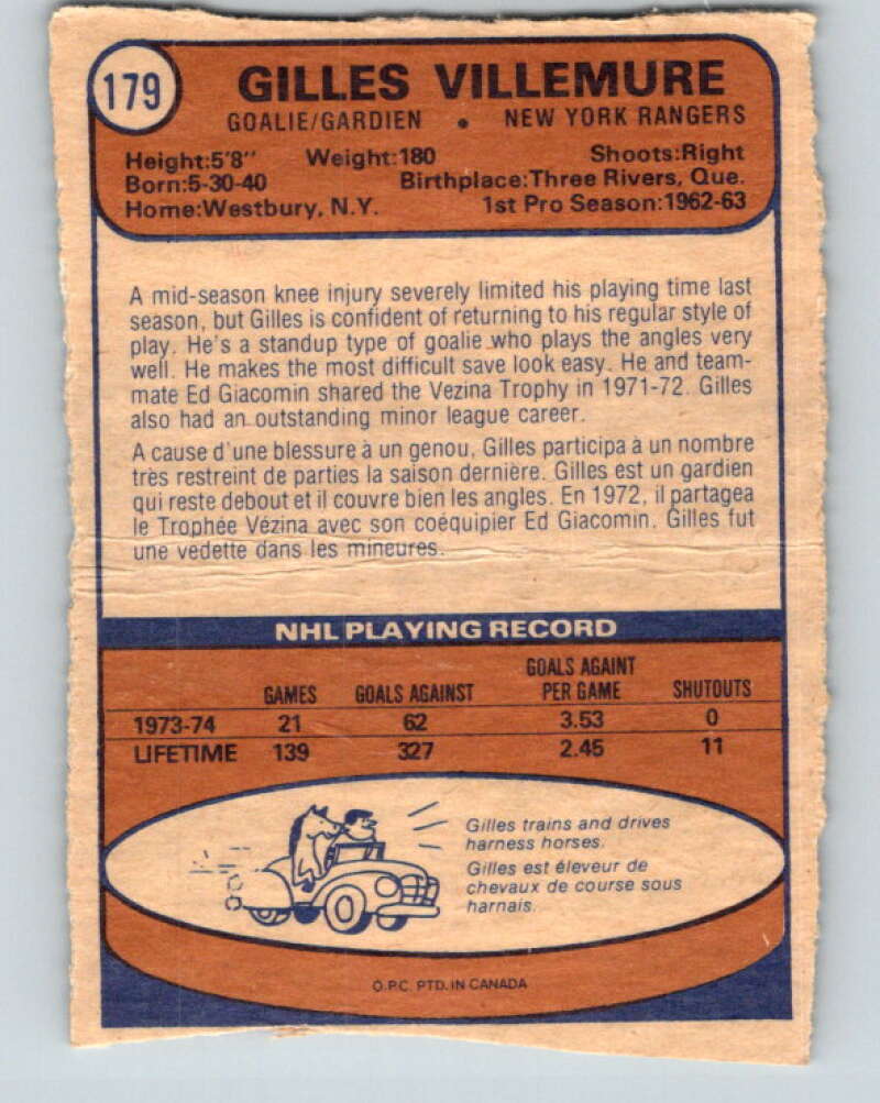 1974-75 O-Pee-Chee #179 Gilles Villemure New York Rangers V4647