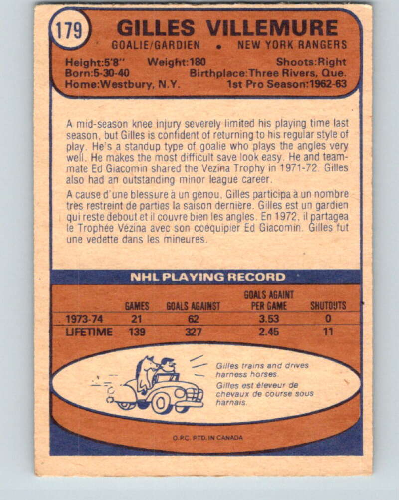 1974-75 O-Pee-Chee #179 Gilles Villemure New York Rangers V4648