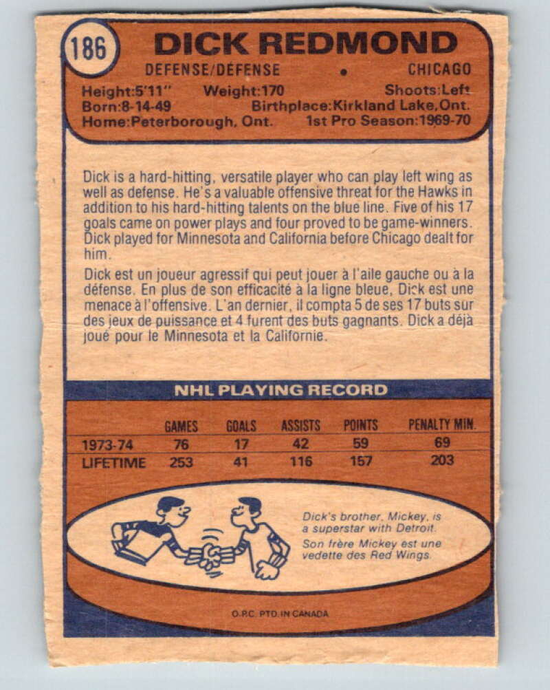 1974-75 O-Pee-Chee #186 Dick Redmond Chicago Blackhawks V4659