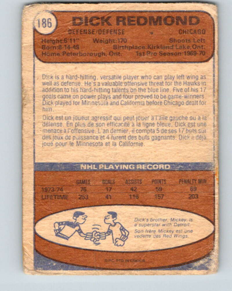 1974-75 O-Pee-Chee #186 Dick Redmond Chicago Blackhawks V4660