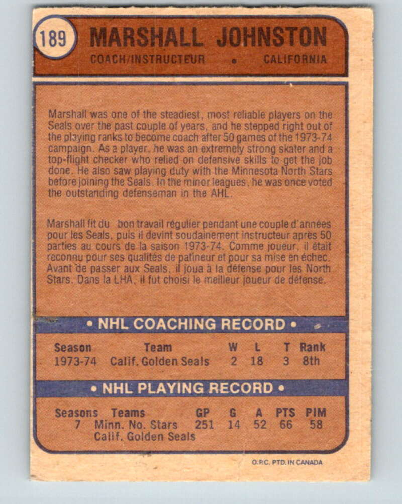 1974-75 O-Pee-Chee #189 Marshall Johnston California Golden Seals V4666