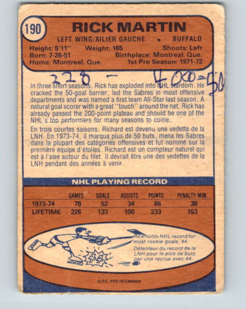 1974-75 O-Pee-Chee #190 Rick Martin Buffalo Sabres V4670