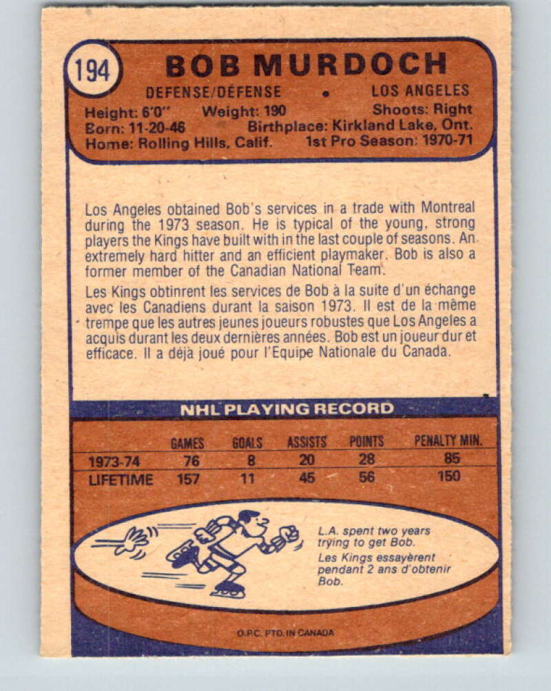 1974-75 O-Pee-Chee #194 Bob Murdoch RC Rookie Los Angeles Kings V4675