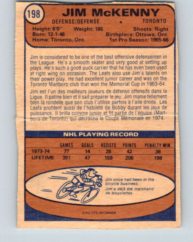 1974-75 O-Pee-Chee #198 Jim McKenny Toronto Maple Leafs V4688