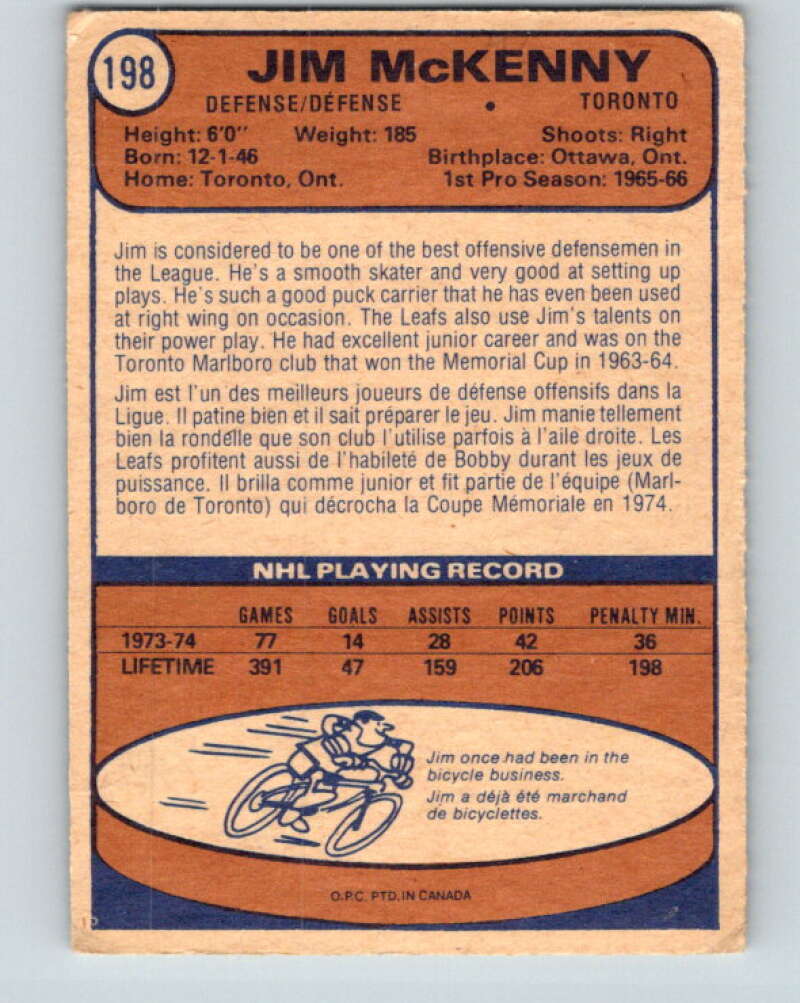 1974-75 O-Pee-Chee #198 Jim McKenny Toronto Maple Leafs V4689