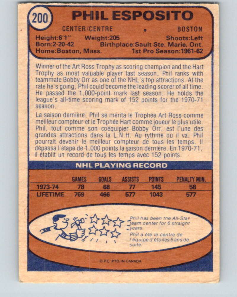 1974-75 O-Pee-Chee #200 Phil Esposito Boston Bruins V4698