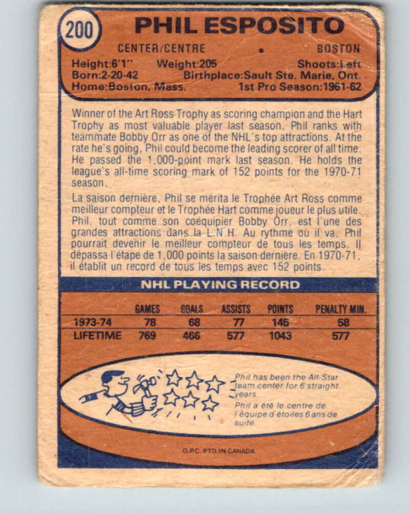 1974-75 O-Pee-Chee #200 Phil Esposito Boston Bruins V4700