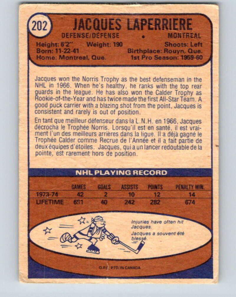 1974-75 O-Pee-Chee #202 Jacques Laperriere Montreal Canadiens V4705