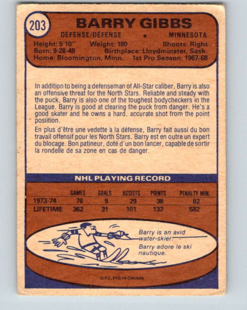 1974-75 O-Pee-Chee #203 Barry Gibbs Minnesota North Stars V4708