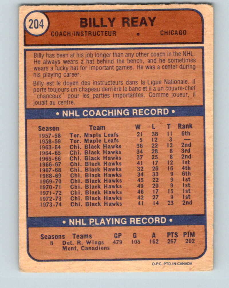 1974-75 O-Pee-Chee #204 Billy Reay CO Chicago Blackhawks V4713