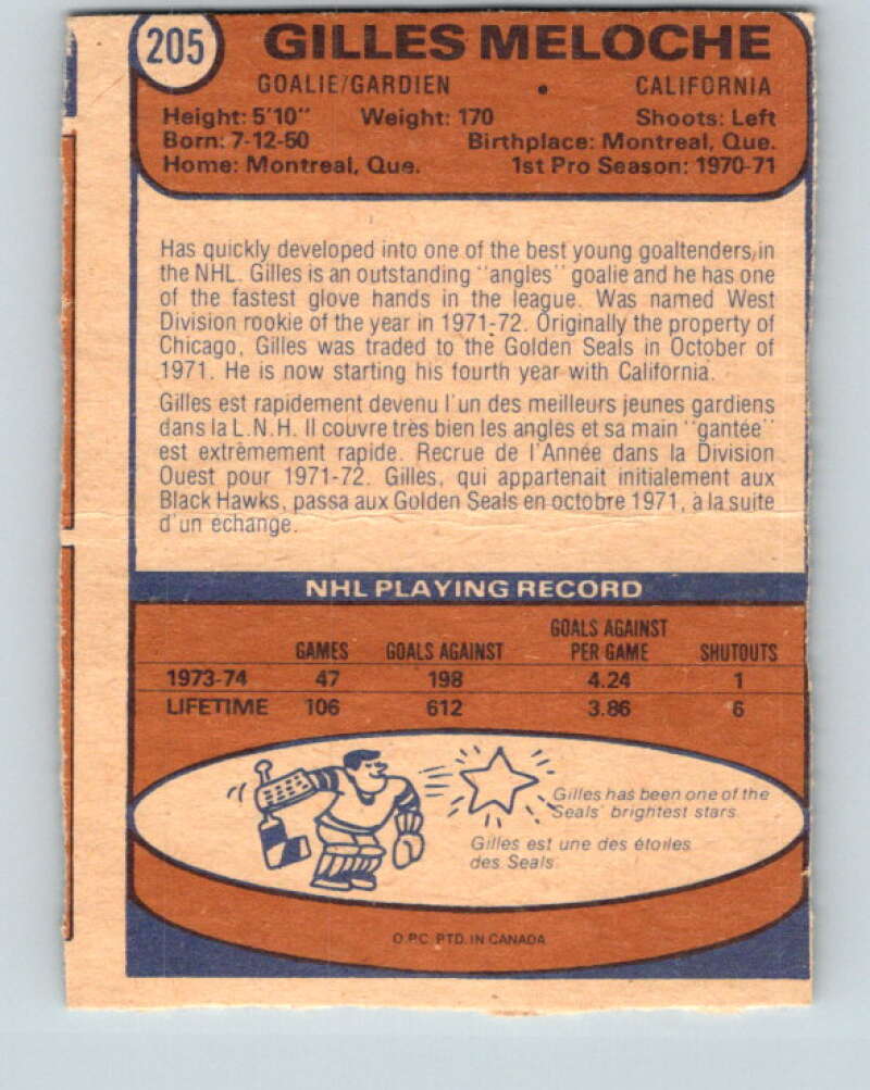 1974-75 O-Pee-Chee #205 Gilles Meloche California Golden Seals V4717