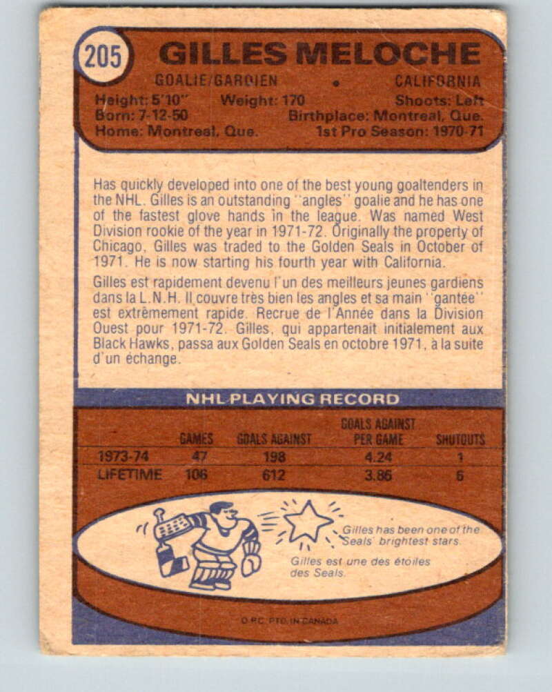 1974-75 O-Pee-Chee #205 Gilles Meloche California Golden Seals V4719