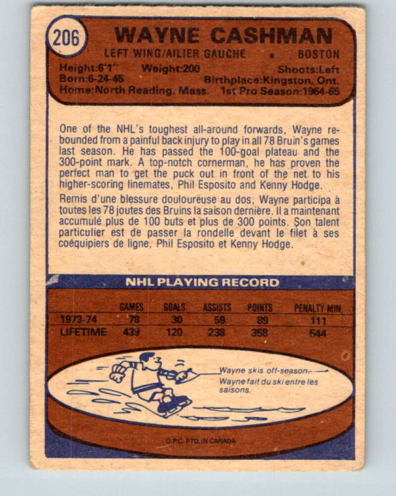 1974-75 O-Pee-Chee #206 Wayne Cashman Boston Bruins V4721