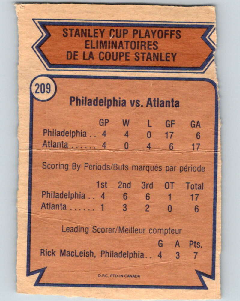 1974-75 O-Pee-Chee #209 Quarterfinals Philadelphia Flyers V4733