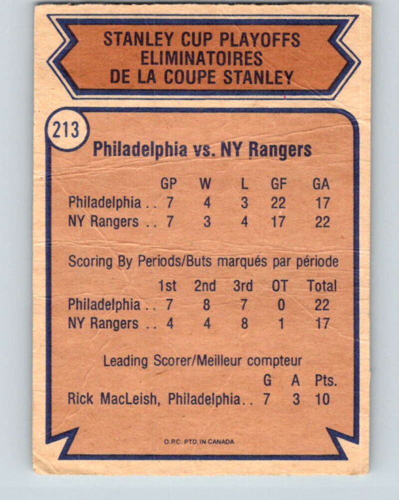 1974-75 O-Pee-Chee #213 Semifinals Flyers over Rangers Philadelphia Flyers V4746