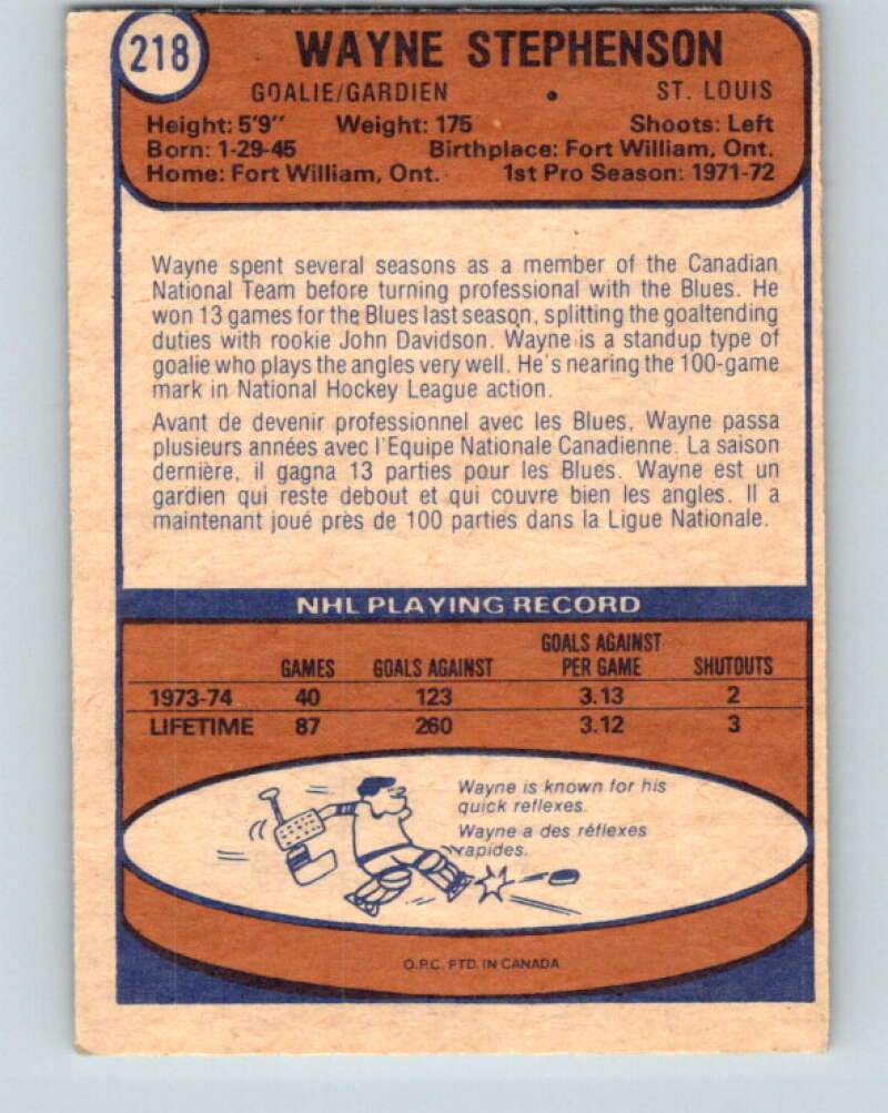 1974-75 O-Pee-Chee #218 Wayne Stephenson St. Louis Blues V4760