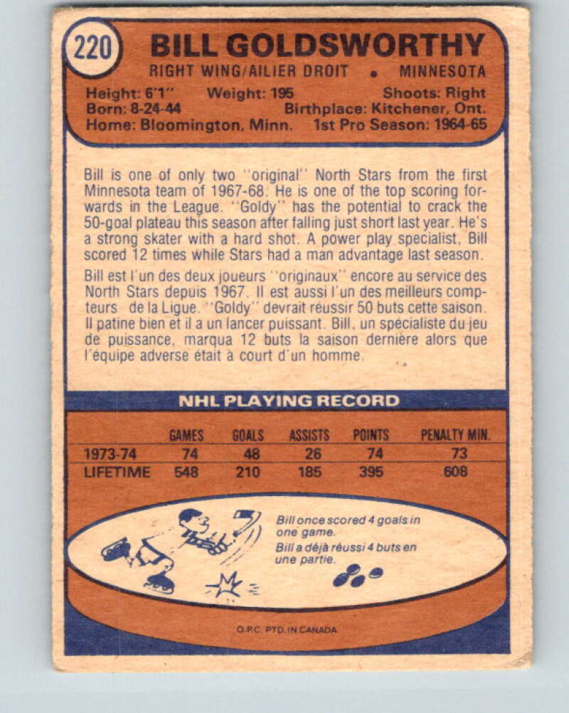 1974-75 O-Pee-Chee #220 Bill Goldsworthy Minnesota North Stars V4762