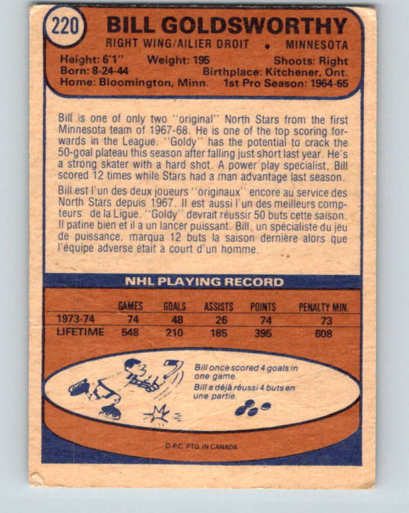 1974-75 O-Pee-Chee #220 Bill Goldsworthy Minnesota North Stars V4763