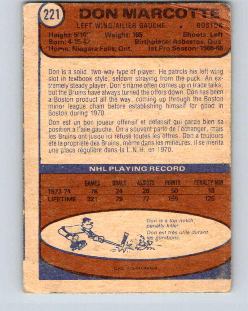 1974-75 O-Pee-Chee #221 Don Marcotte Boston Bruins V4765