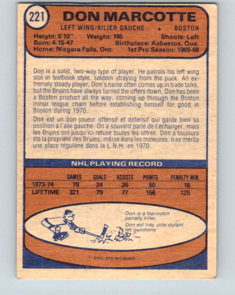 1974-75 O-Pee-Chee #221 Don Marcotte Boston Bruins V4769