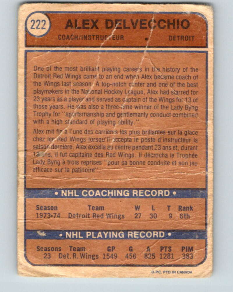 1974-75 O-Pee-Chee #222 Alex Delvecchio CO Detroit Red Wings V4771