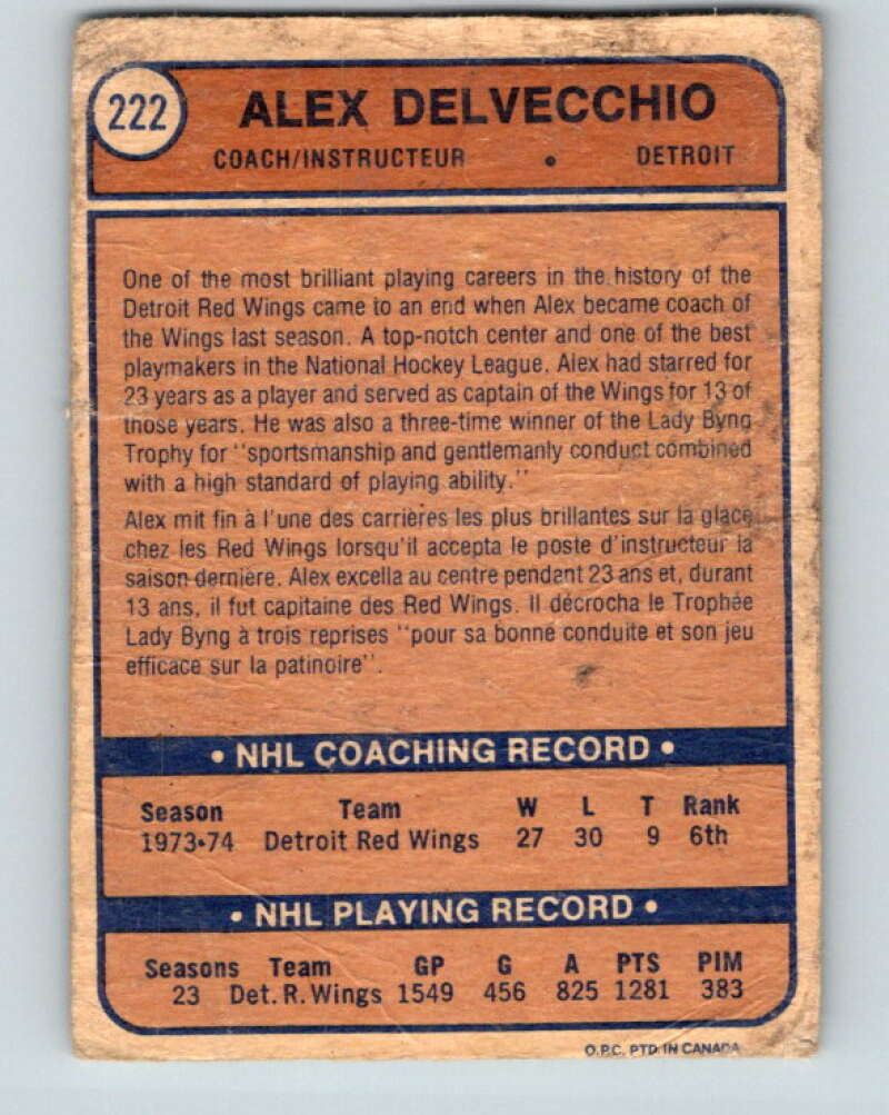 1974-75 O-Pee-Chee #222 Alex Delvecchio CO Detroit Red Wings V4772