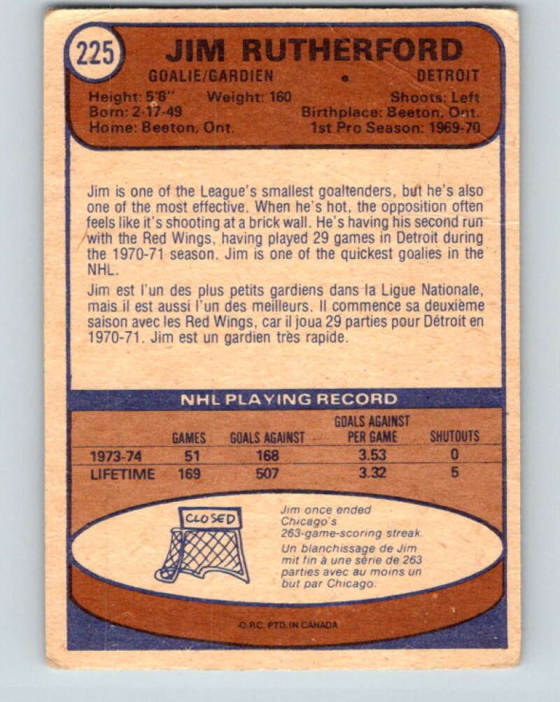1974-75 O-Pee-Chee #225 Jim Rutherford Detroit Red Wings V4777