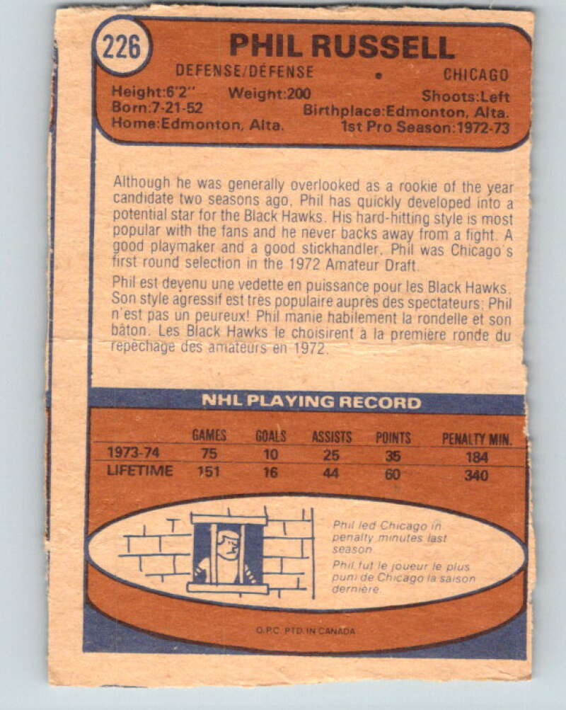 1974-75 O-Pee-Chee #226 Phil Russell Chicago Blackhawks V4779