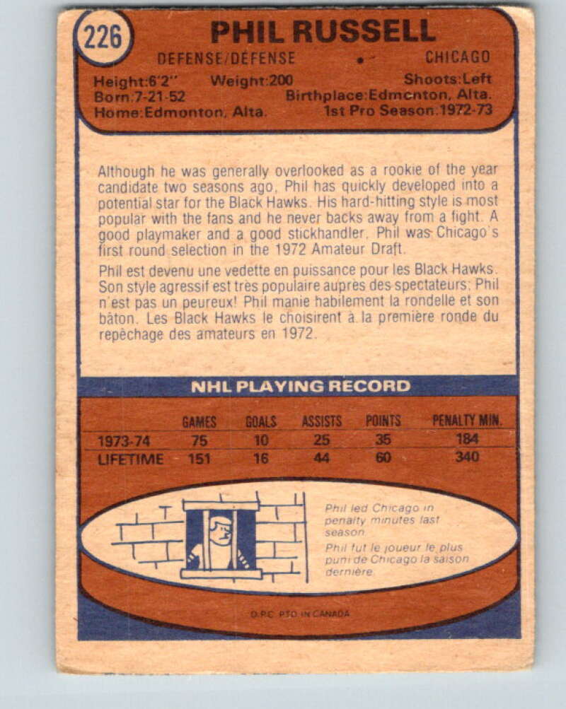 1974-75 O-Pee-Chee #226 Phil Russell Chicago Blackhawks V4780
