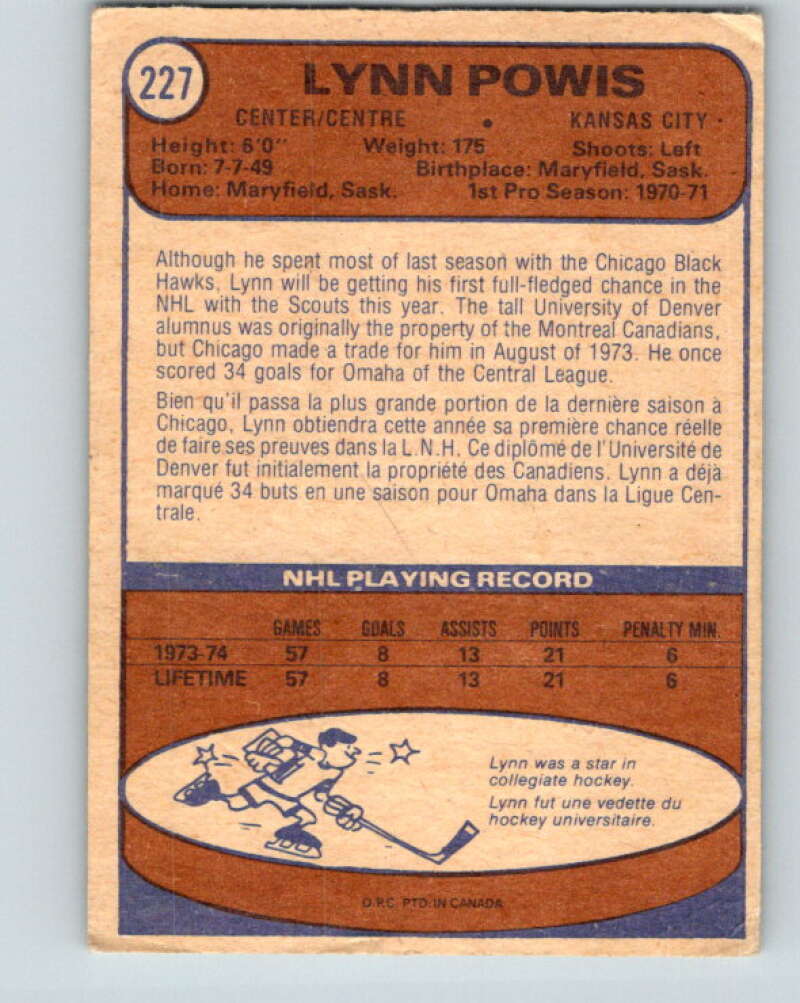 1974-75 O-Pee-Chee #227 Lynn Powis Kansas City Scouts V4781