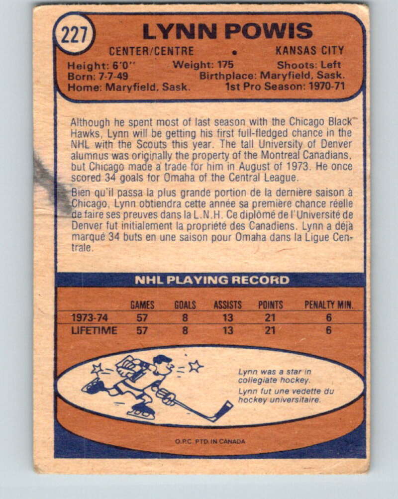 1974-75 O-Pee-Chee #227 Lynn Powis Kansas City Scouts V4782