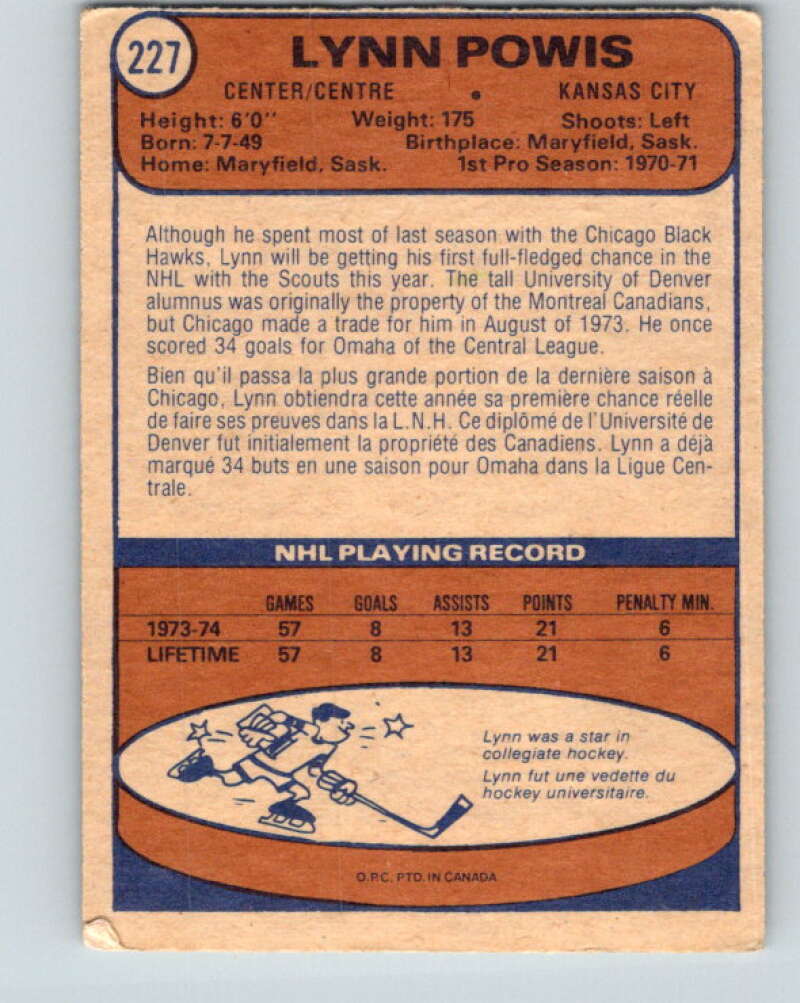 1974-75 O-Pee-Chee #227 Lynn Powis Kansas City Scouts V4783