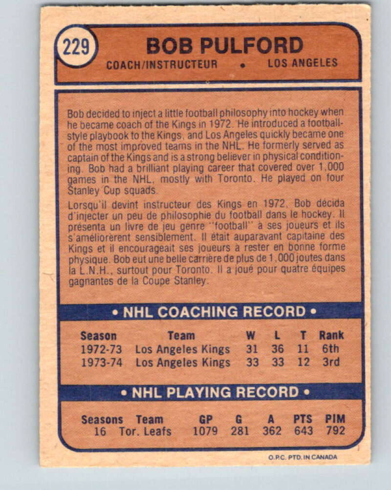 1974-75 O-Pee-Chee #229 Bob Pulford CO Los Angeles Kings V4786