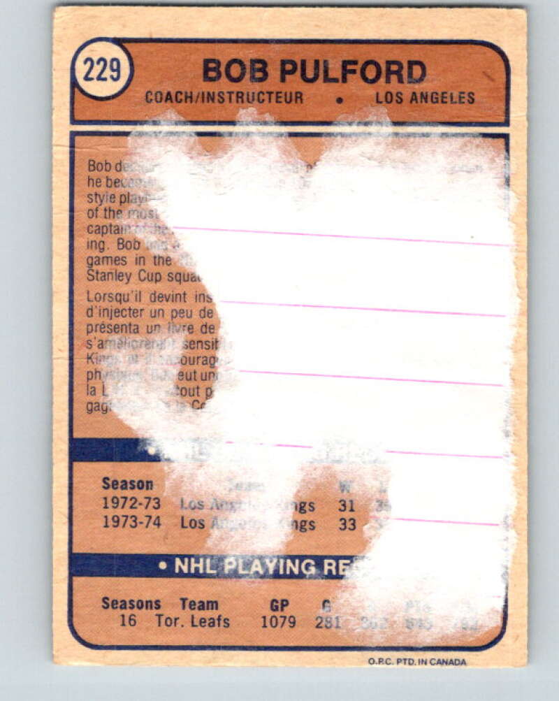 1974-75 O-Pee-Chee #229 Bob Pulford CO Los Angeles Kings V4787
