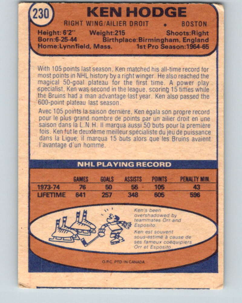 1974-75 O-Pee-Chee #230 Ken Hodge Boston Bruins V4790