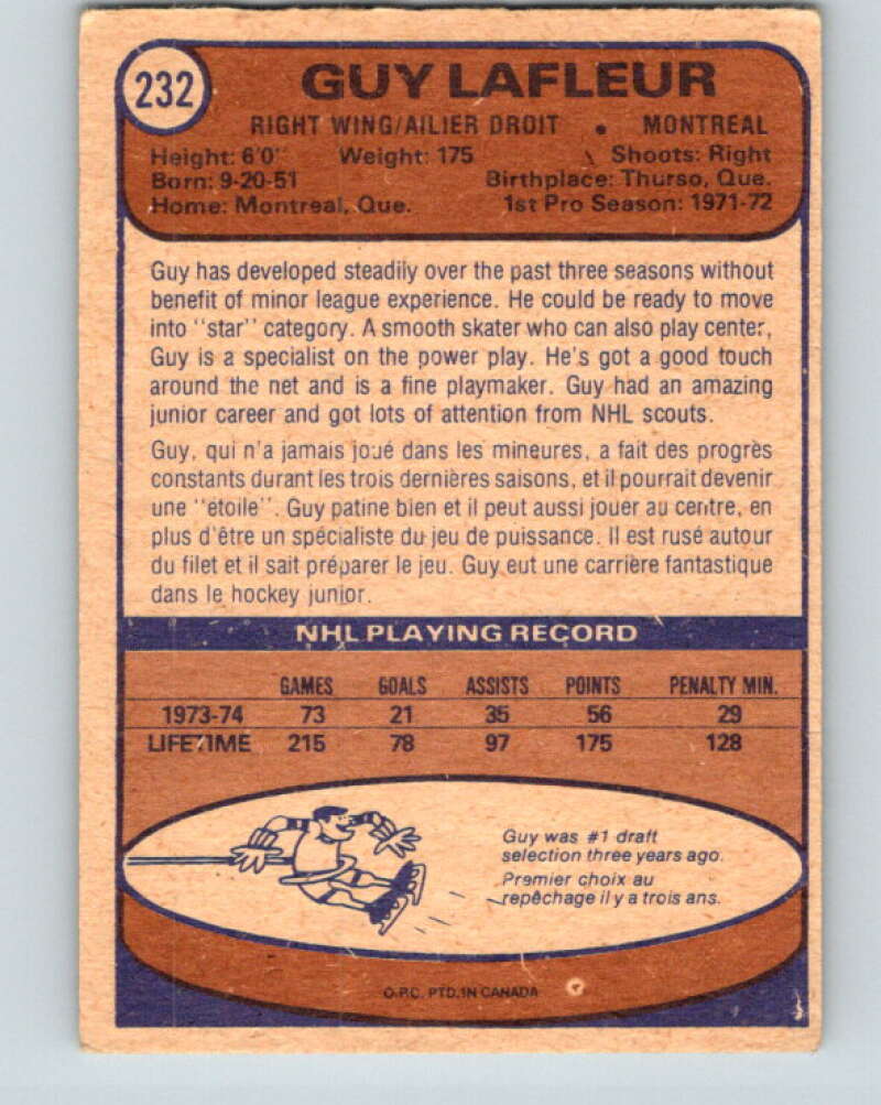 1974-75 O-Pee-Chee #232 Guy Lafleur Montreal Canadiens V4803