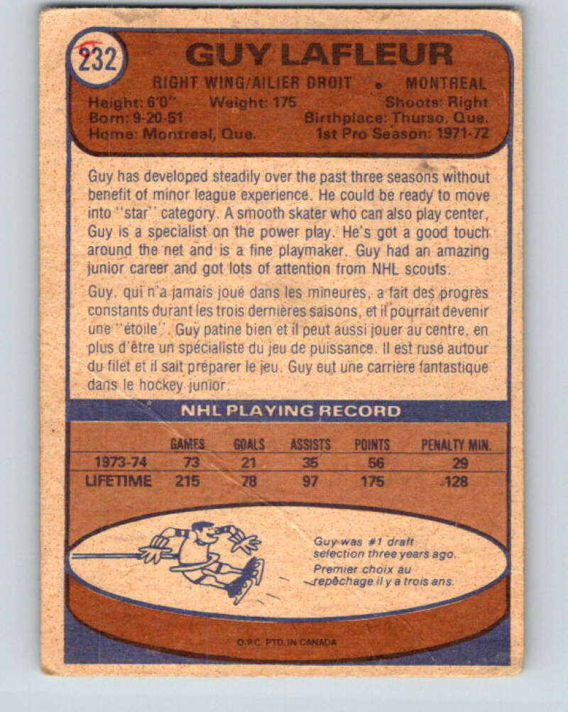 1974-75 O-Pee-Chee #232 Guy Lafleur Montreal Canadiens V4804