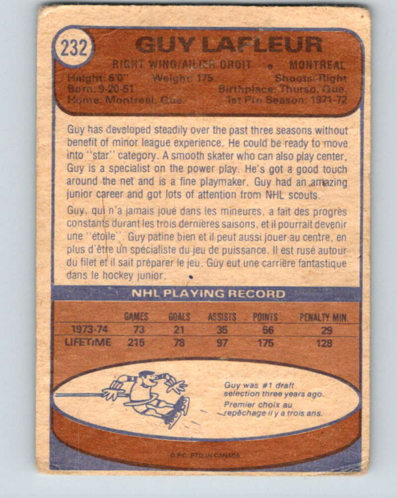 1974-75 O-Pee-Chee #232 Guy Lafleur Montreal Canadiens V4805