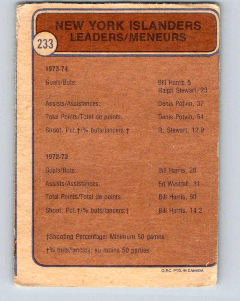1974-75 O-Pee-Chee #233 Denis Potvin UER New York Islanders V4808