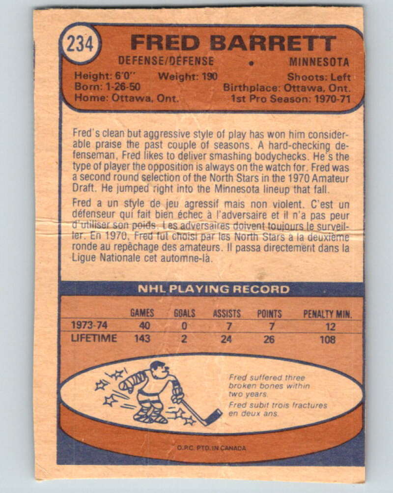 1974-75 O-Pee-Chee #234 Fred Barrett Minnesota North Stars V4810