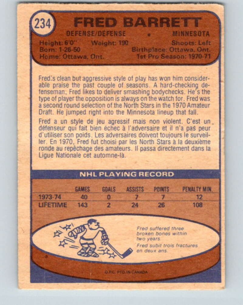 1974-75 O-Pee-Chee #234 Fred Barrett Minnesota North Stars V4811