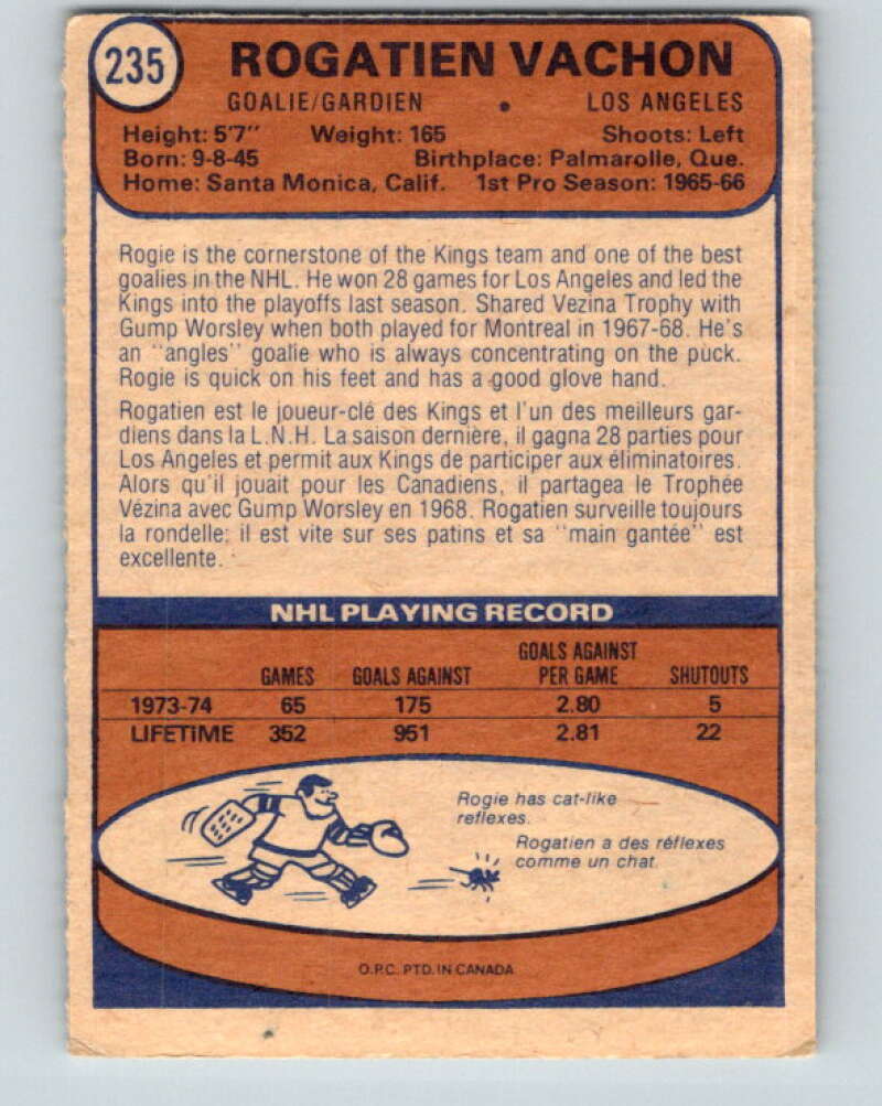 1974-75 O-Pee-Chee #235 Rogie Vachon Los Angeles Kings V4813