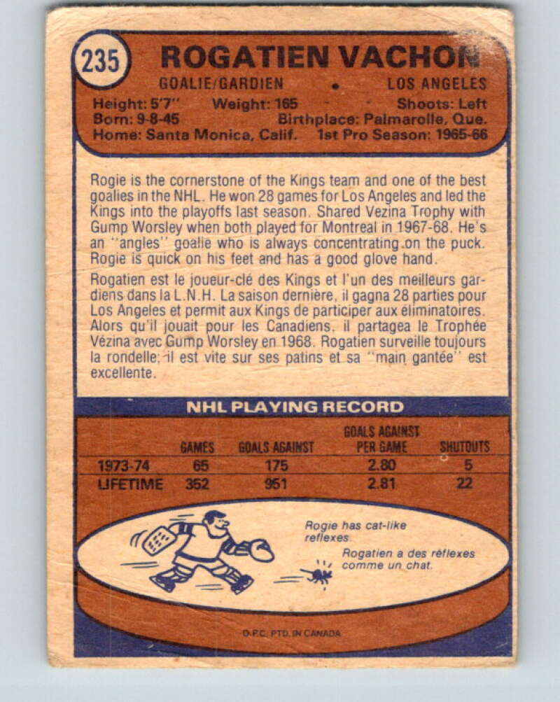 1974-75 O-Pee-Chee #235 Rogie Vachon Los Angeles Kings V4814