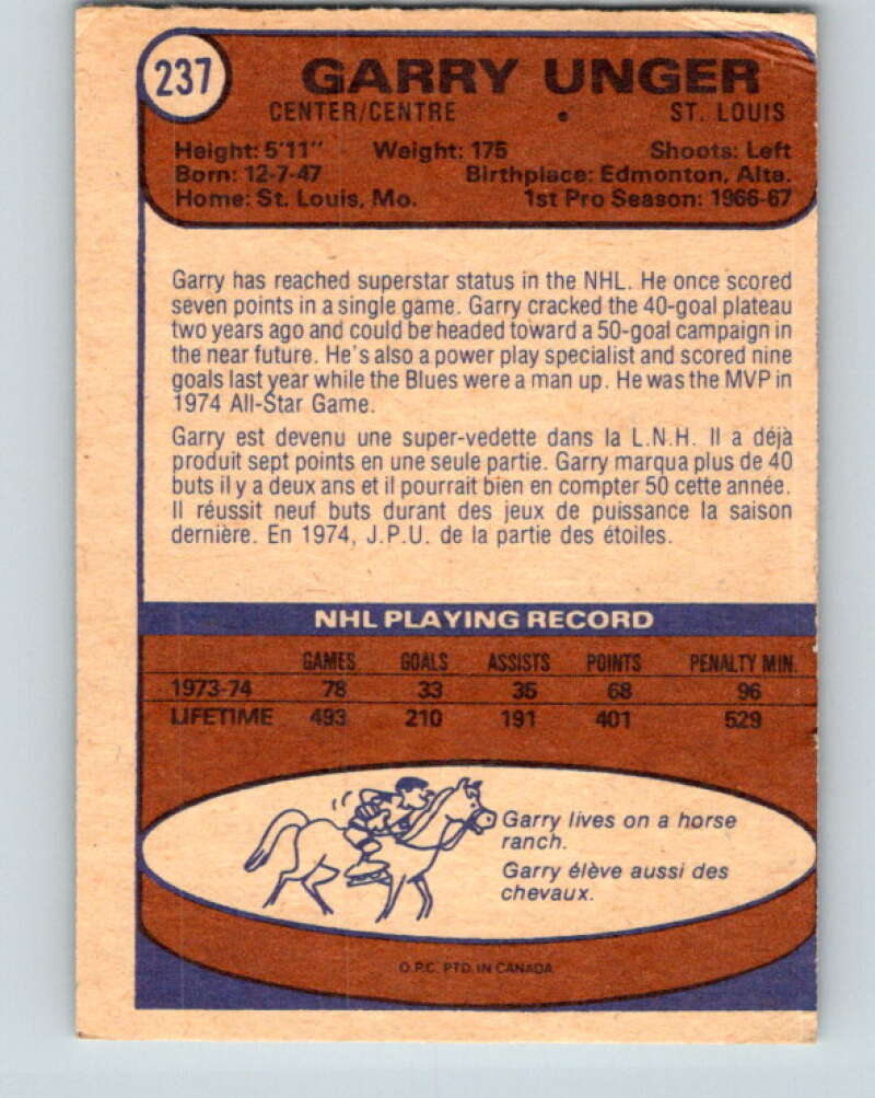 1974-75 O-Pee-Chee #237 Garry Unger St. Louis Blues V4822