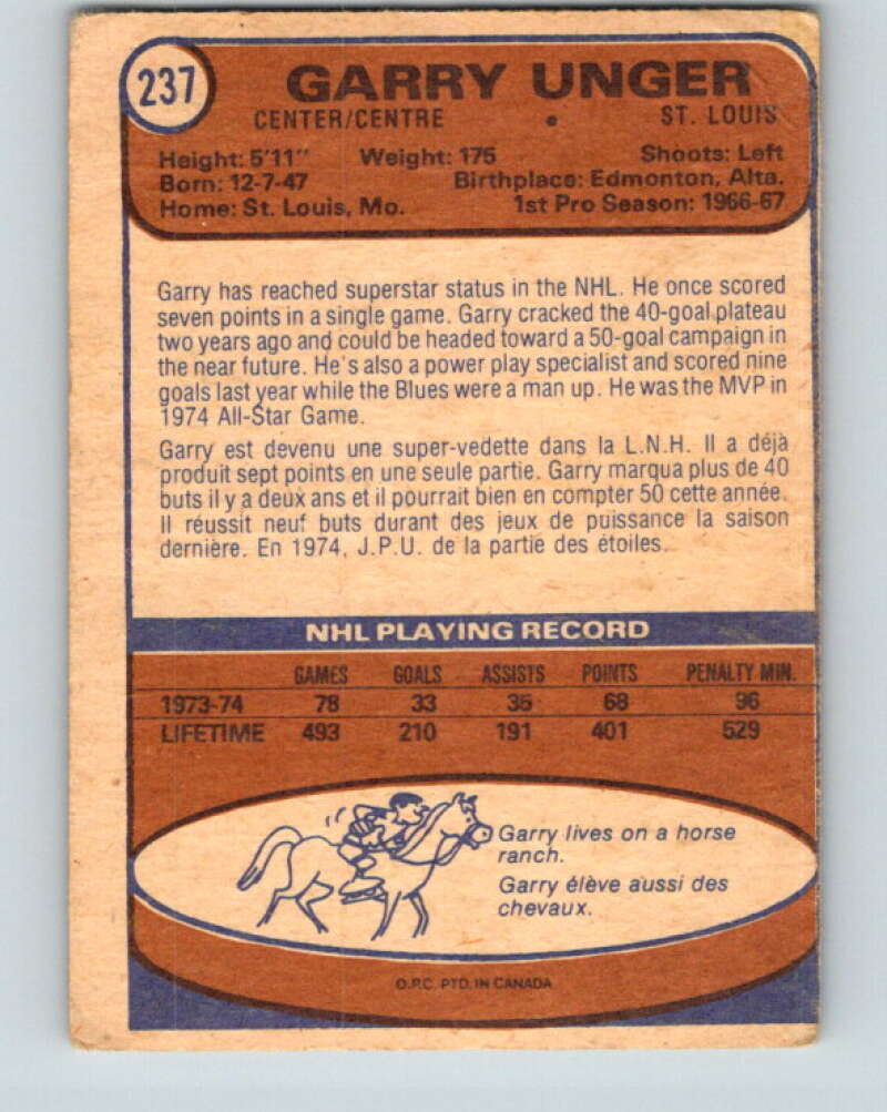 1974-75 O-Pee-Chee #237 Garry Unger St. Louis Blues V4823