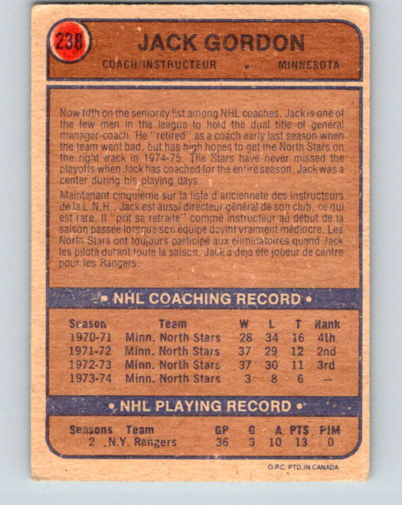 1974-75 O-Pee-Chee #238 Jack Gordon CO RC Rookie Minnesota North Stars V4825