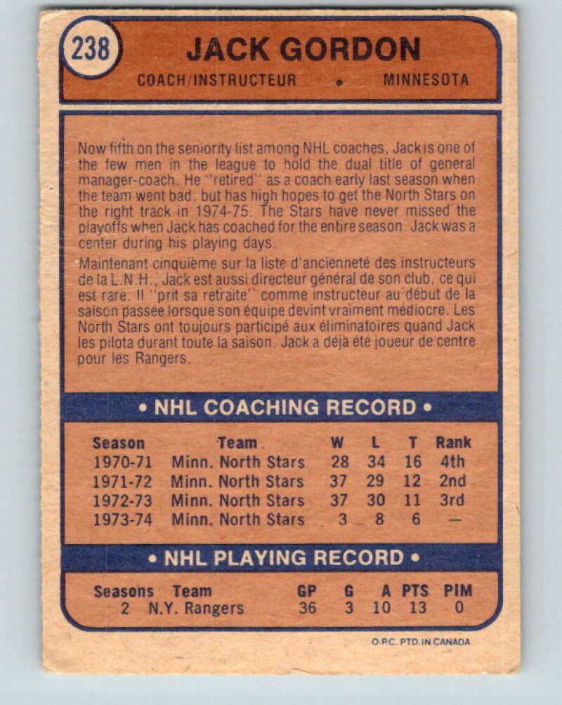 1974-75 O-Pee-Chee #238 Jack Gordon CO RC Rookie Minnesota North Stars V4827