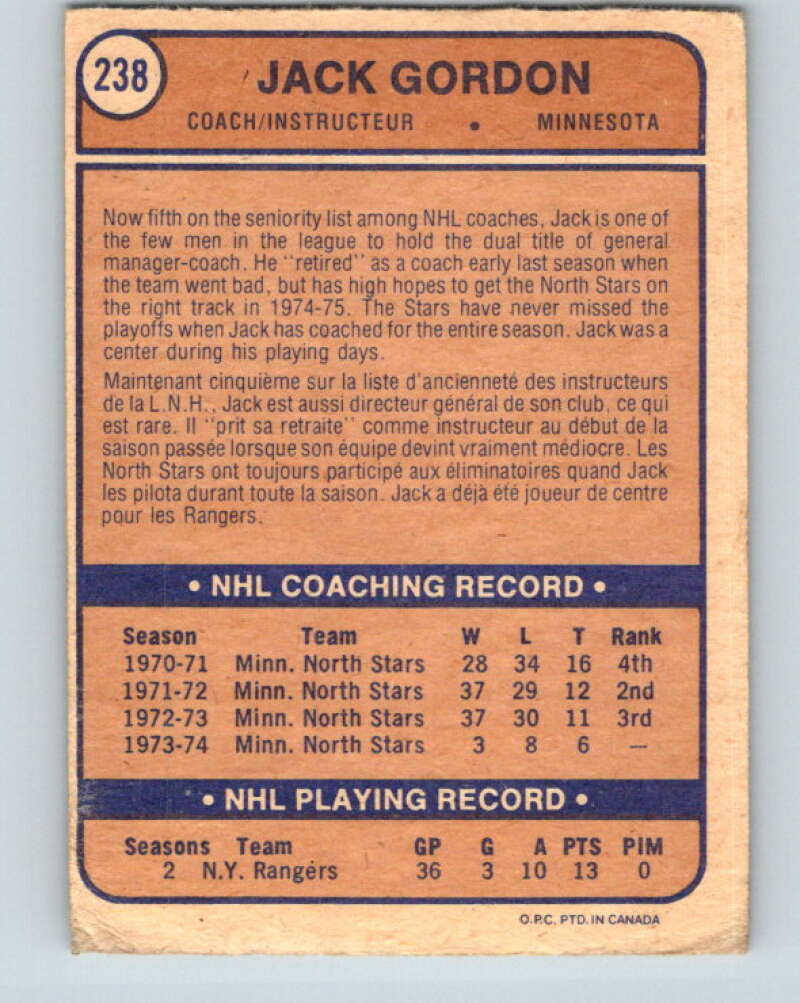 1974-75 O-Pee-Chee #238 Jack Gordon CO RC Rookie Minnesota North Stars V4828